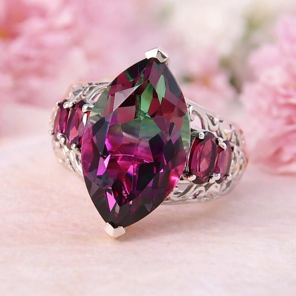 Watermelon Quartz Triplet & Rhodolite Garnet Ring Platinum Over Sterling Silver